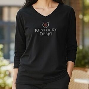 NWT Nitro USA Kentucky Derby Black Rhinestone 3/4 Sleeve V-Neck Top Size L
